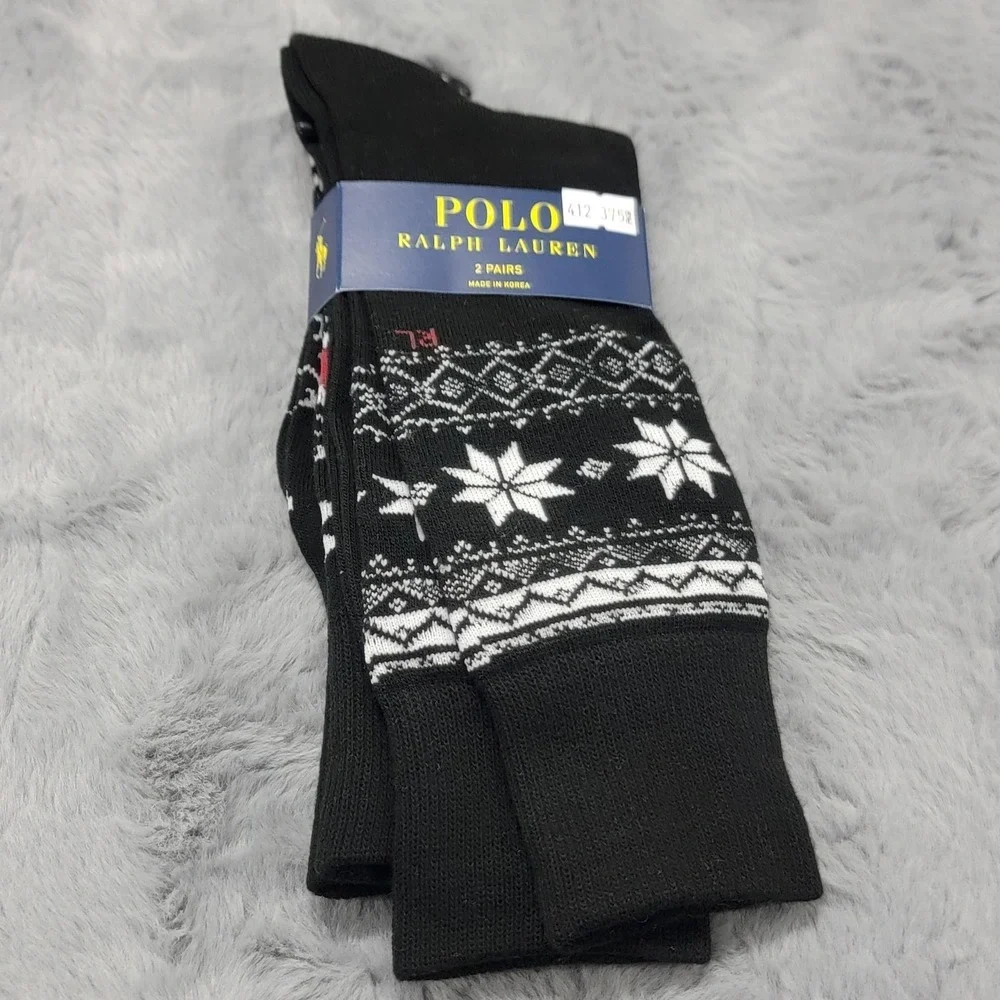 Polo Ralph Lauren Socks Mens 10-13 Black Fair Isle Snowflake‎ 2 Pack Mid Calf